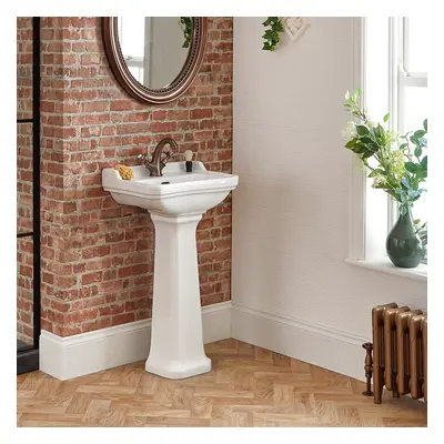 Lavabo Lave-Mains Rétro - Colonne Blanche - Céramique - 1 Trou - 50cm x 85cm - Hudson Reed