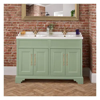 Meuble de salle de bain – Vert pastel – 121 cm – Double vasque - Poignées barre en T or brossé –