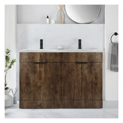 Meuble lavabo – 121 cm – Chêne foncé – Avec lavabo – Poignées invisibles noires – Design moderne