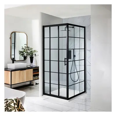 Cabine de douche d'angle - 90 x 80 cm - Effet verrière noir - Porte coulissante - Barq