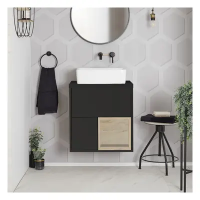 Meuble de salle de bain suspendu avec niche bois chêne – 60 cm – Gris noir – Vasque carrée - Hud