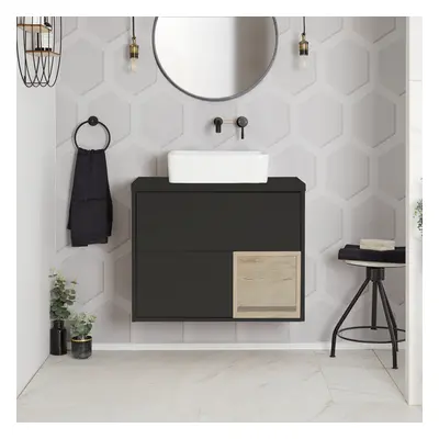 Meuble de salle de bain suspendu avec étagère ouverte – 80 cm – Gris noir – Vasque carrée – Desi