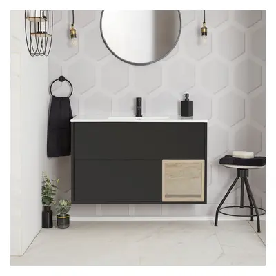 Meuble de salle de bain suspendu avec étagère ouverte – 100 cm – Lavabo – Gris noir - Moderne - 