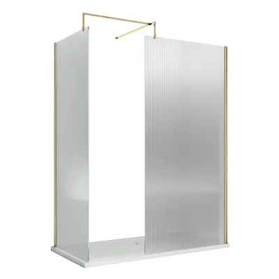 Douche italienne d’angle en verre cannelé – Laiton brossé – Avec receveur – 140 cm x 80 cm - San