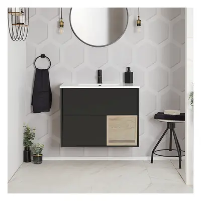 Meuble de salle de bain suspendu avec niche – 80 cm – Gris noir - Moderne - Lumière LED - Hoxton