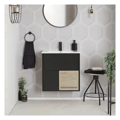 Meuble de salle de bain suspendu avec niche – 60 cm – Avec plan vasque encastré – Gris noir - Hu