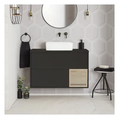 Meuble de salle de bain suspendu avec étagère ouverte – 100 cm – Gris noir – Vasque carrée – Ave