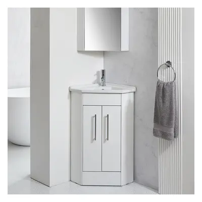 Meuble lavabo d'angle – 55,5 cm – Blanc – Avec lavabo – Poignées invisibles chromées – Cluo