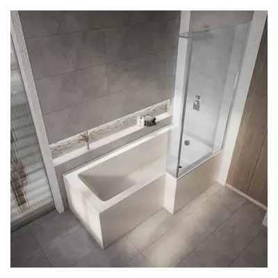 Baignoire douche asymétrique moderne - 170 x 85 cm - Pare-baignoire chromé - Angle droit - Tabli