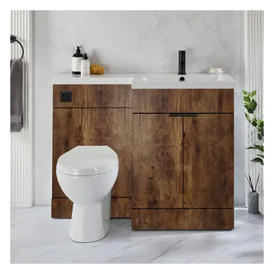 Ensemble meuble-lavabo & WC - Chêne foncé - Droite - 110,5 cm - Poignées invisibles noires - Mod