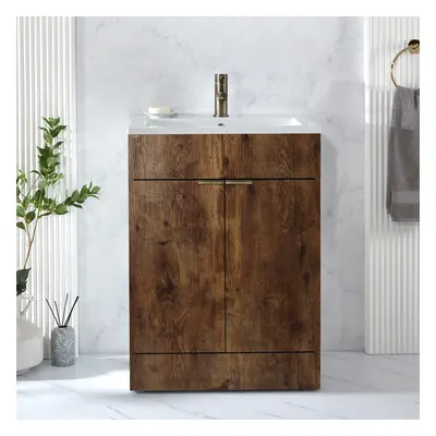 Meuble lavabo  – 60 cm – Chêne foncé – Avec lavabo – Poignées invisibles or brossé – Design mode