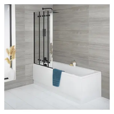 Baignoire rectangulaire moderne - Pare baignoire pliant noir, tabliers frontal & latéral, bonde 