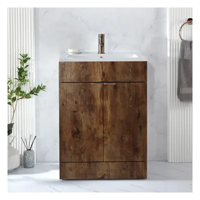 Meuble lavabo  – 60 cm – Chêne foncé – Avec lavabo – Poignées invisibles cuivrées – Design moder