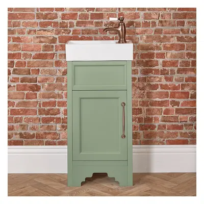 Meuble lave-mains vert pastel - 40 cm - Compact WC - Lavabo - Poignée bronze - Hudson Reed