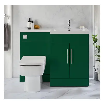 Meuble WC carré Exton et lavabo - Vert foncé - Droite - 110,5 cm - Poignées barre en T chromées 