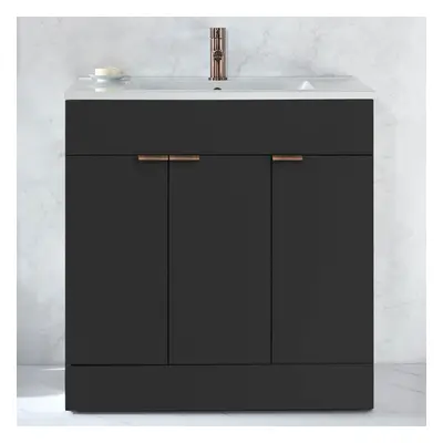 Meuble salle de bain – 80 cm – Gris noir – Avec lavabo – Poignées invisibles cuivrées – Cluo - H