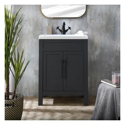 Meuble lave-mains avec lavabo – 60 cm – Gris noir - Poignée barre classique noire – Aston - Huds