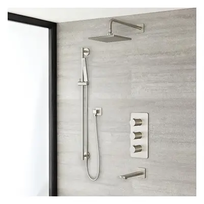 Mitigeur Thermostatique Douche - Pommeau 20 x 20 cm - Kit douchette & Bec verseur - Nickel bross