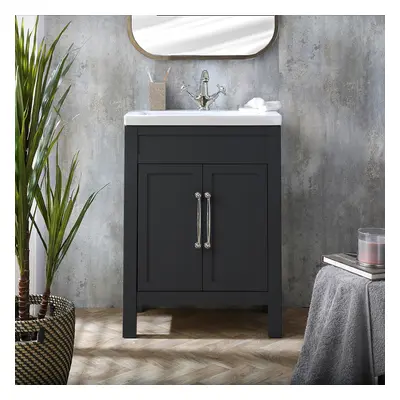 Meuble lave-mains avec lavabo – 60 cm – Gris noir - Poignée barre classique chrome – Aston - Hud