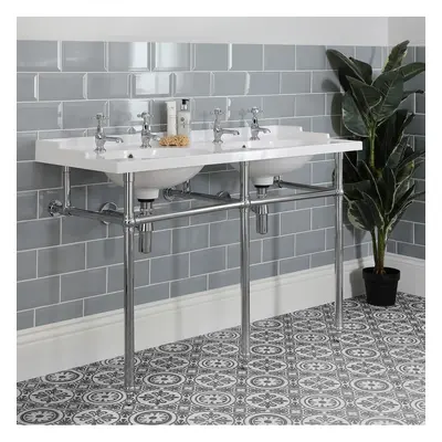 Lavabo sur pieds rétro - Double vasque - 120 cm - Porte-serviettes Chromé – Elizabeth - Hudson R