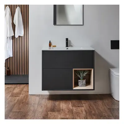 Meuble salle de bain chêne foncé avec vasque encastrée - 46,5 x 81cm - Sans option LED