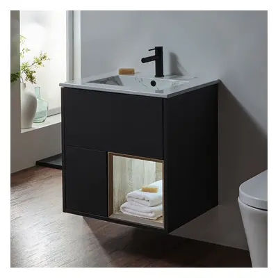 Meuble lavabo suspendu avec niche – 61,2 cm – Avec lavabo effet marbré  – Gris noir - Avec lumiè