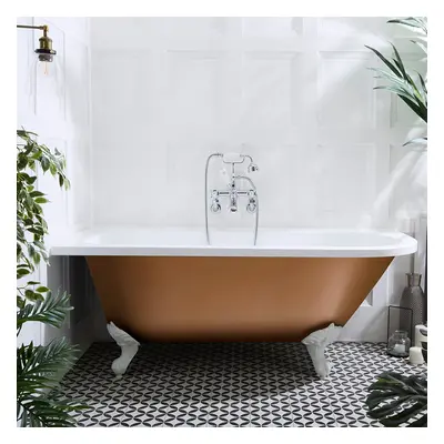 Baignoire semi-îlot d’angle gauche - Design rétro – 168,5 x 75 cm – Cuivre - Pieds blancs - Lege