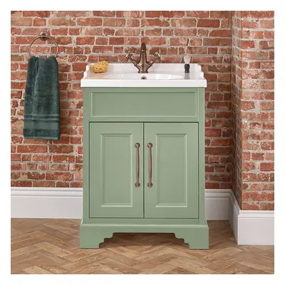 Meuble de salle de bain rétro – Vert pastel – 63 cm – Avec lavabo – Poignées barre en T bronze h