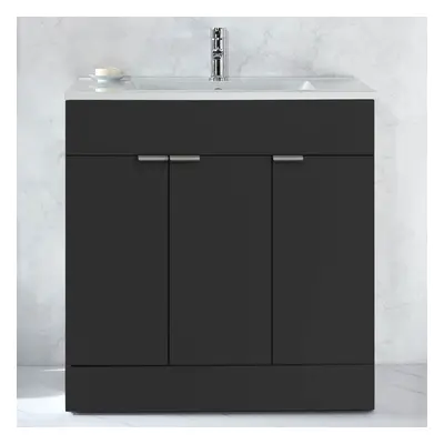 Meuble salle de bain – 80 cm – Gris noir – Avec lavabo – Poignées invisibles chromées – Cluo - H