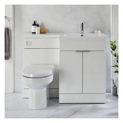 Meuble WC rond Covelly et lavabo - Blanc - Droite - 110,5 cm - Poignées invisibles chromées - De