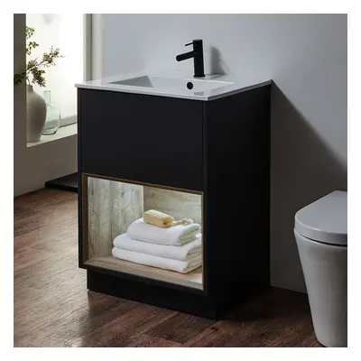 Meuble de salle de bain avec niche – 61 cm – Avec lavabo – Gris noir - Avec lumière LED - Design