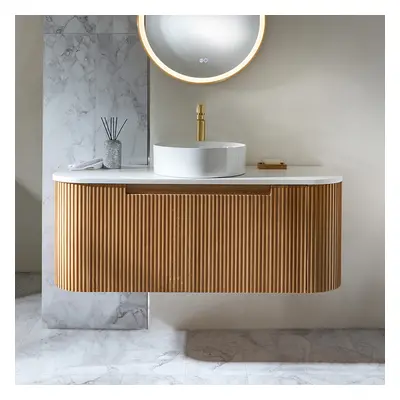 Meuble de salle de bain cannelé incurvé suspendu – Chêne – 120 cm – Avec vasque ronde - Design m