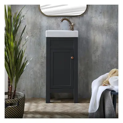 Meuble lave-mains avec lavabo – 40 cm – Gris noir - Poignée ronde bronze satiné – Aston - Hudson