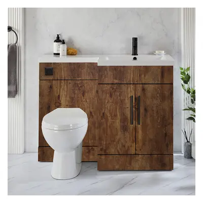 Ensemble meuble-lavabo & WC - Chêne foncé - Droite - 110,5 cm - Poignées barre en T noires - Mod