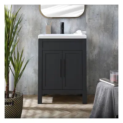 Meuble lave-mains avec lavabo – 60 cm – Gris noir - Poignée en forme de T noire – Aston - Hudson