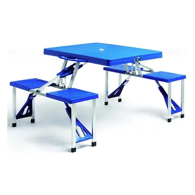 Table de camping bleue en alu avec 4 chaises pliables