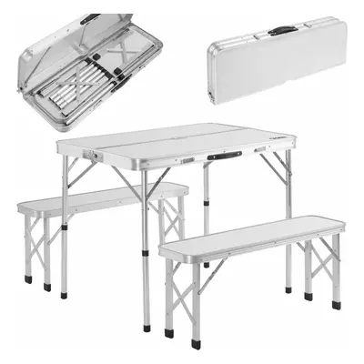 Table de camping XXL blanc 2 bancs pliable fonction valise