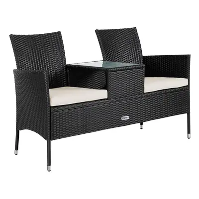 Banc de jardin noir 143x55x88cm en polyrotin avec table