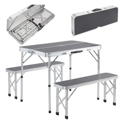 Table de camping XXL gris 2 bancs pliable fonction valise