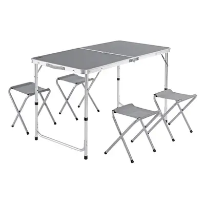 Table de camping grise avec 4 chaises et fonction valise