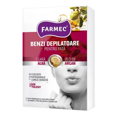 Bandes dépilatoires pour le visage cire blanche huile d'argan, 20 pièces, Farmec