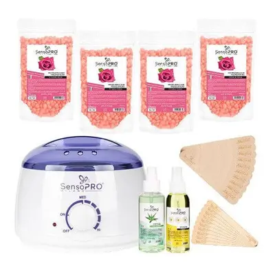 Kit d'épilation professionnel, SensoPro Milano, Rosa, chauffage, 4 paquets de cire, 2 huiles d'é