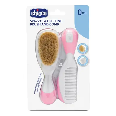 Chicco, brosse à cheveux en poils naturels + peigne, rose, dès la naissance