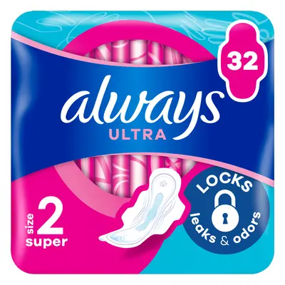 Always Ultra, serviettes hygiéniques avec ailettes, taille 2, Super, 32 pièces