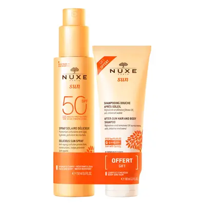 Nuxe Sun, lotion bronzante visage et corps, spray, SPF 50, 150 ml + gel douche après-soleil, 100