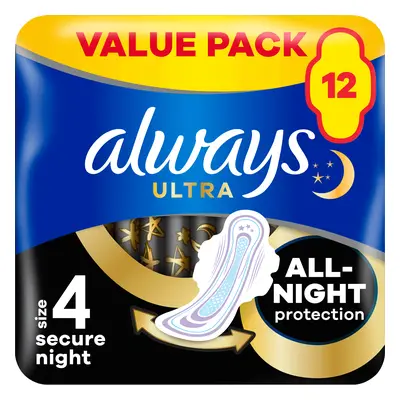 Always Ultra, serviettes hygiéniques de nuit avec ailettes, Secure Night, 12 pièces