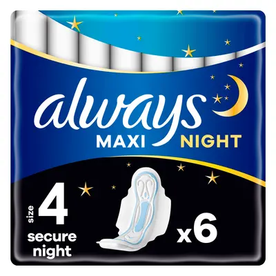 Always Secure Night, serviettes hygiéniques avec ailettes, taille 4, Maxi, 6 pièces