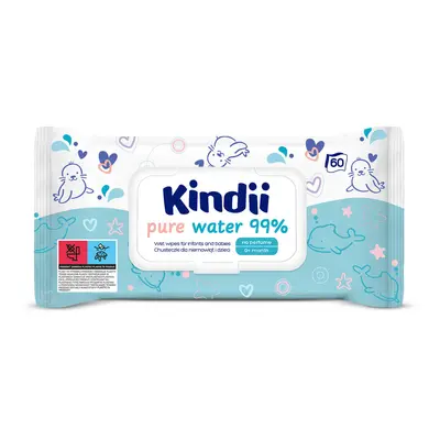 Kindii Pure Water 99%, lingettes humides pour bébés et enfants, 60 pièces