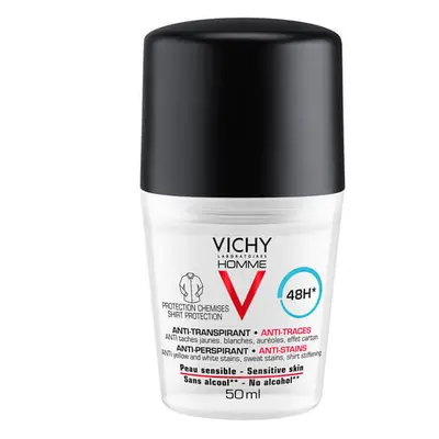 Vichy Homme, roll-on 48h anti-transpirant pour hommes, contre les marques sur les vêtements, 50 