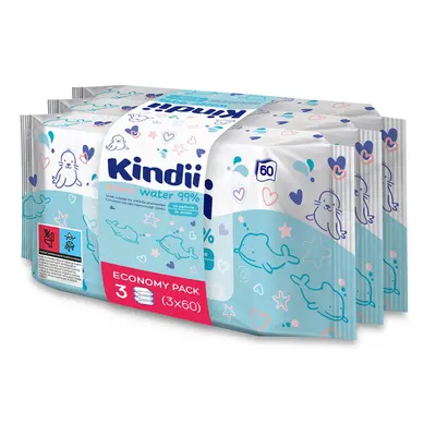 Kindii Pure Water 99%, lingettes humides pour bébés et enfants, 3 x 60 pièces